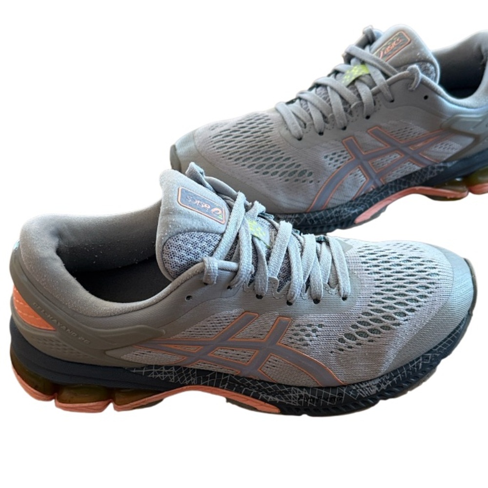 ASICS GEL KAYANO 26 WOMENS RUNNING WALKING GYM SHOES GREY CORAL ORANGE SZ 7.5